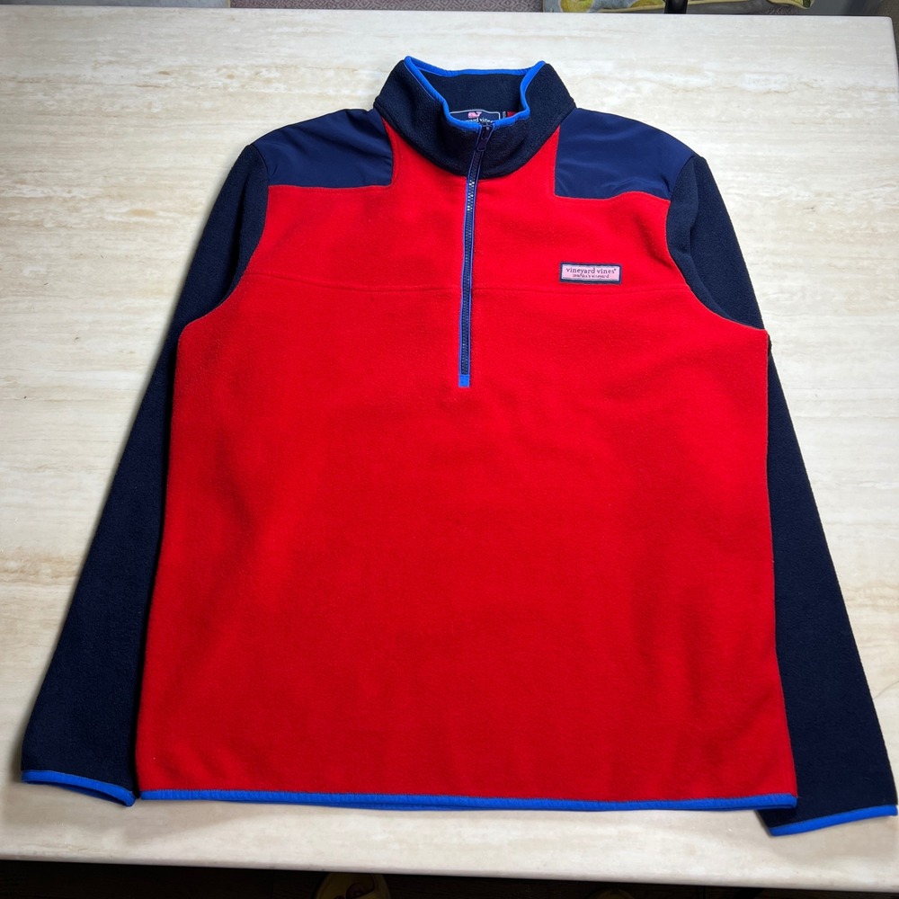 Vineyard Vines Mens Fleece Quarter Zip Pullover Red Blue Color Block - Picture 9 of 9
